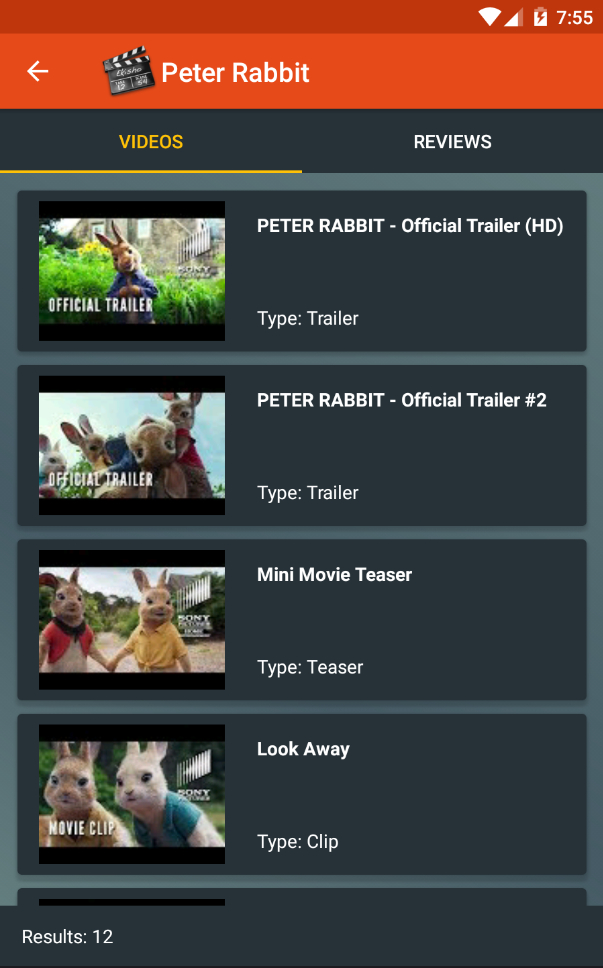 Popular Movies screen showing a list of video trailers