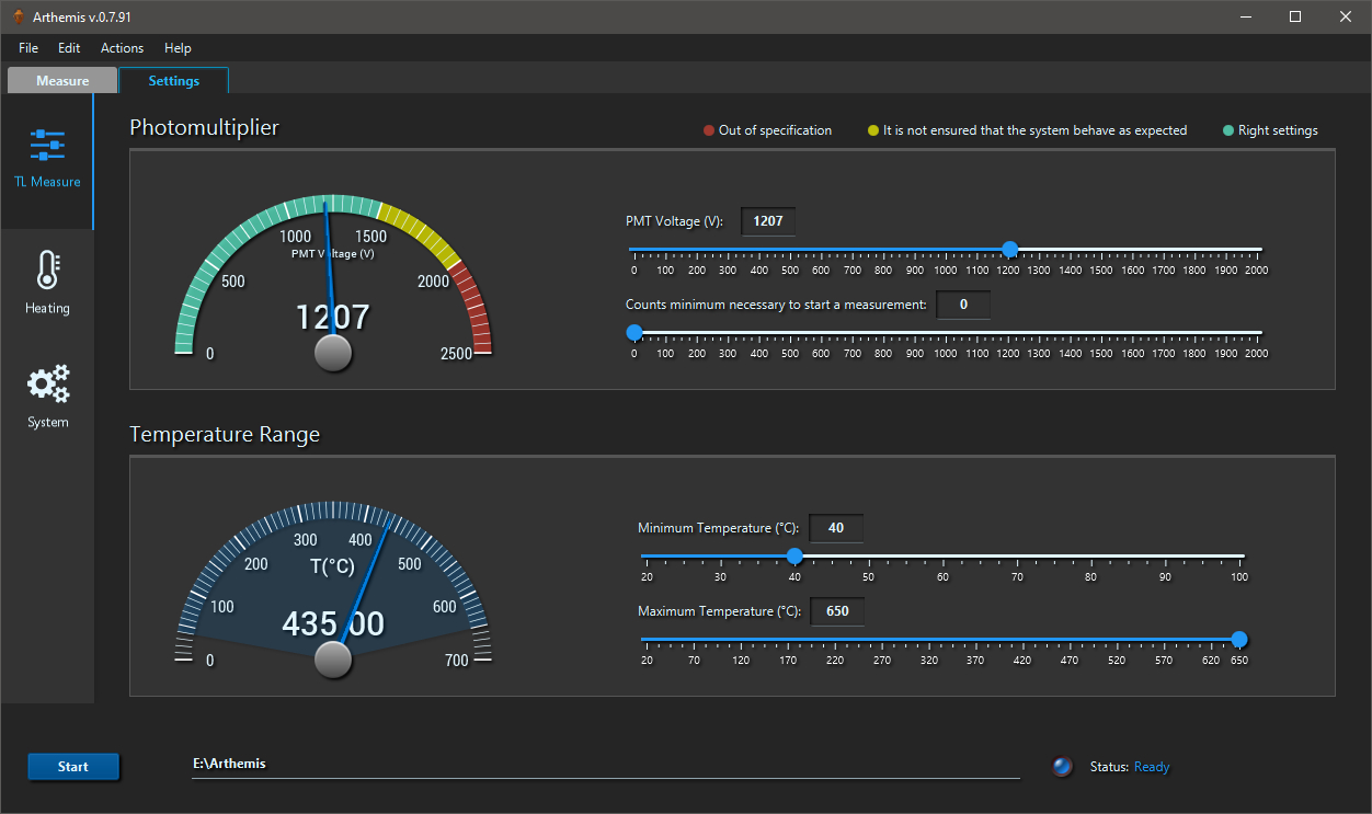 Thermoluminescence Dating system measure settings screen.