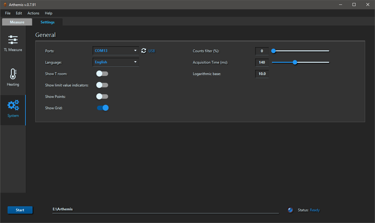 Thermoluminescence Dating system settings screen.